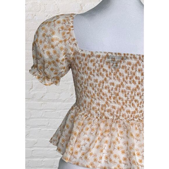 Ash & Violet Yellow White Daisy Floral Puff Sleeve Babydoll Smocked Top M Boho - Picture 9 of 11